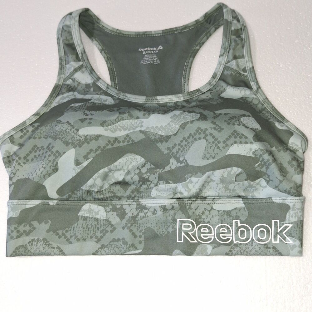 S Reebok CrossFit Sports Bra Olive Green Camo